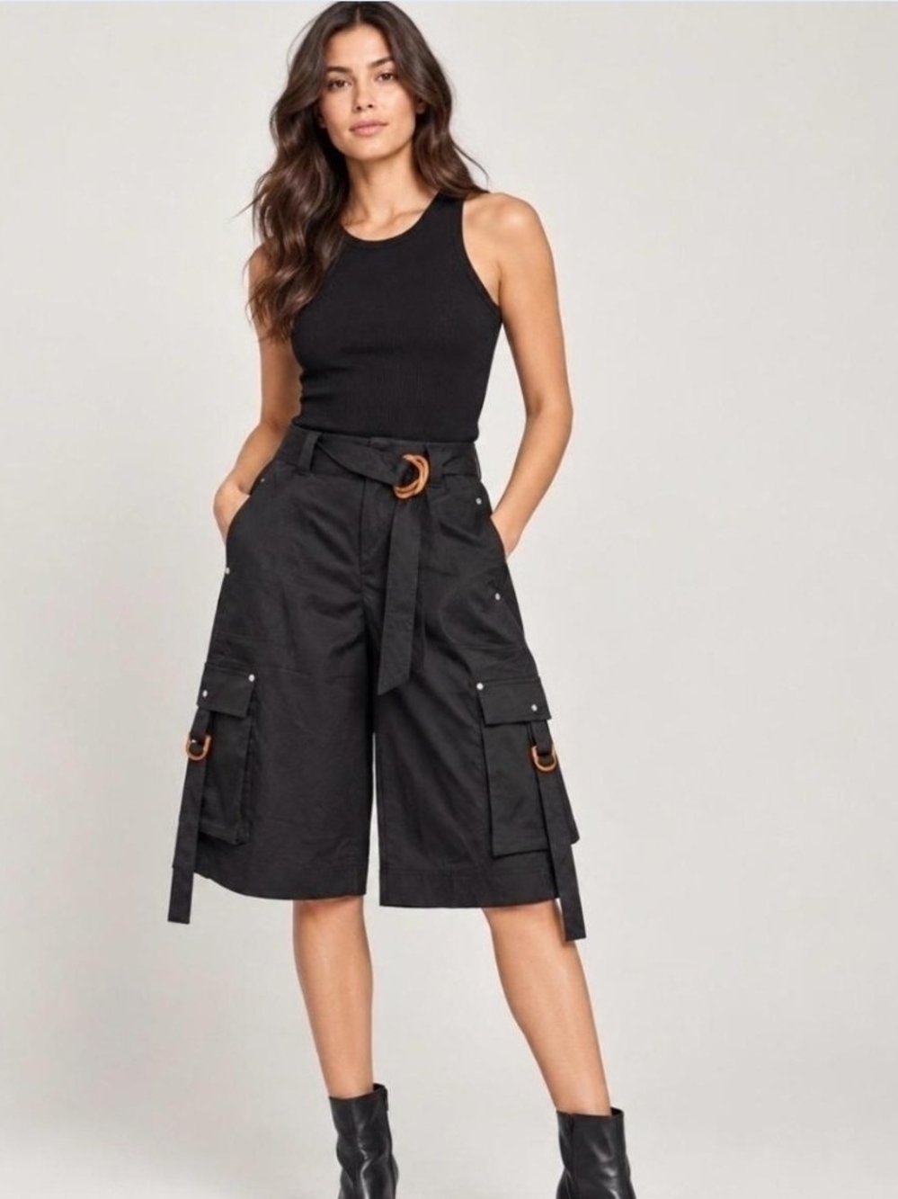 Avec Les Filles Black Cargo Bermuda Shorts with Ring Belt